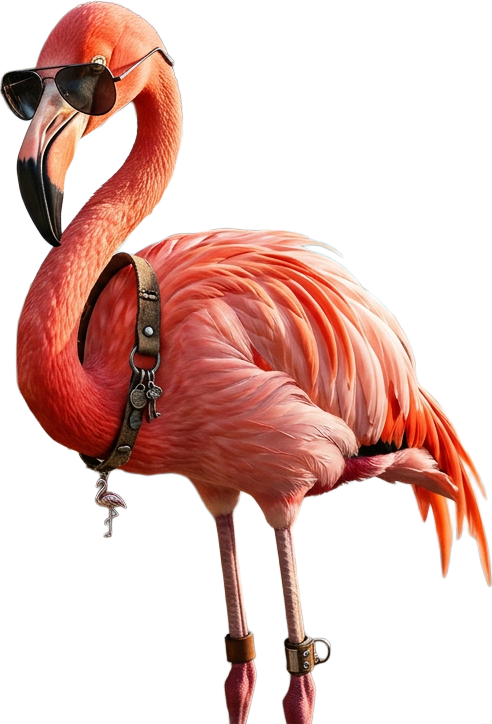 Flamingo Finance's mascot: a flamingo in aviator sunglasses wearing a leather strap